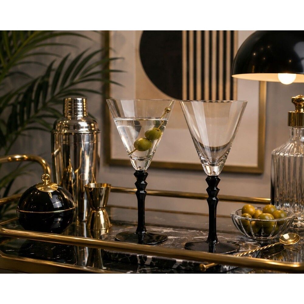 Vintage Sasaki Black Tie Crystal Martini Glasses | Pair | Black Geometric Stem